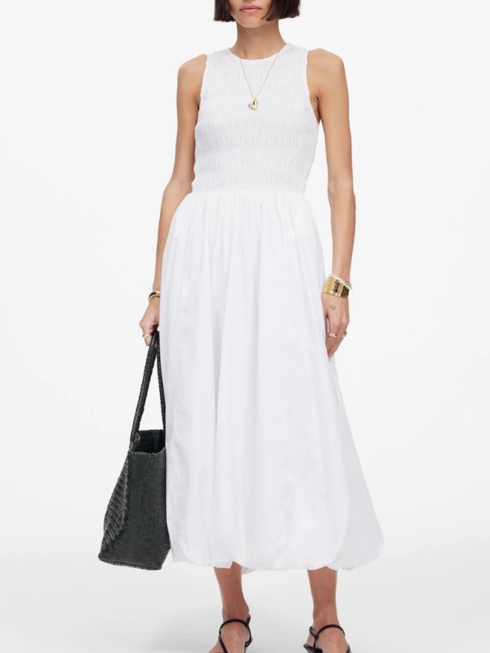 Madewell Smocked Bubble-Hem Midi Dress‎ White Cottagecore Coastal NT311 SIze L